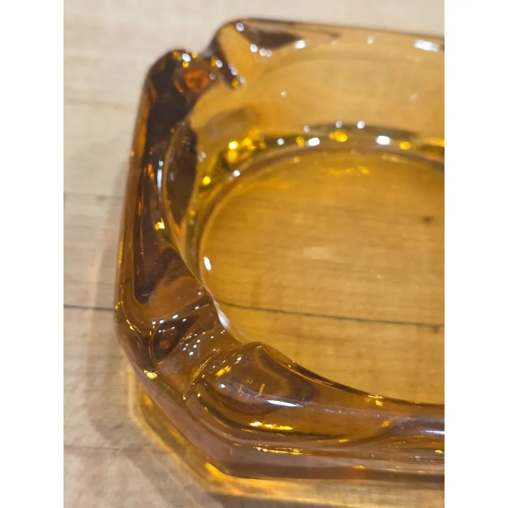 Vintage MCM Amber & Smoked Brown Glass Square Ashtray Set of 2